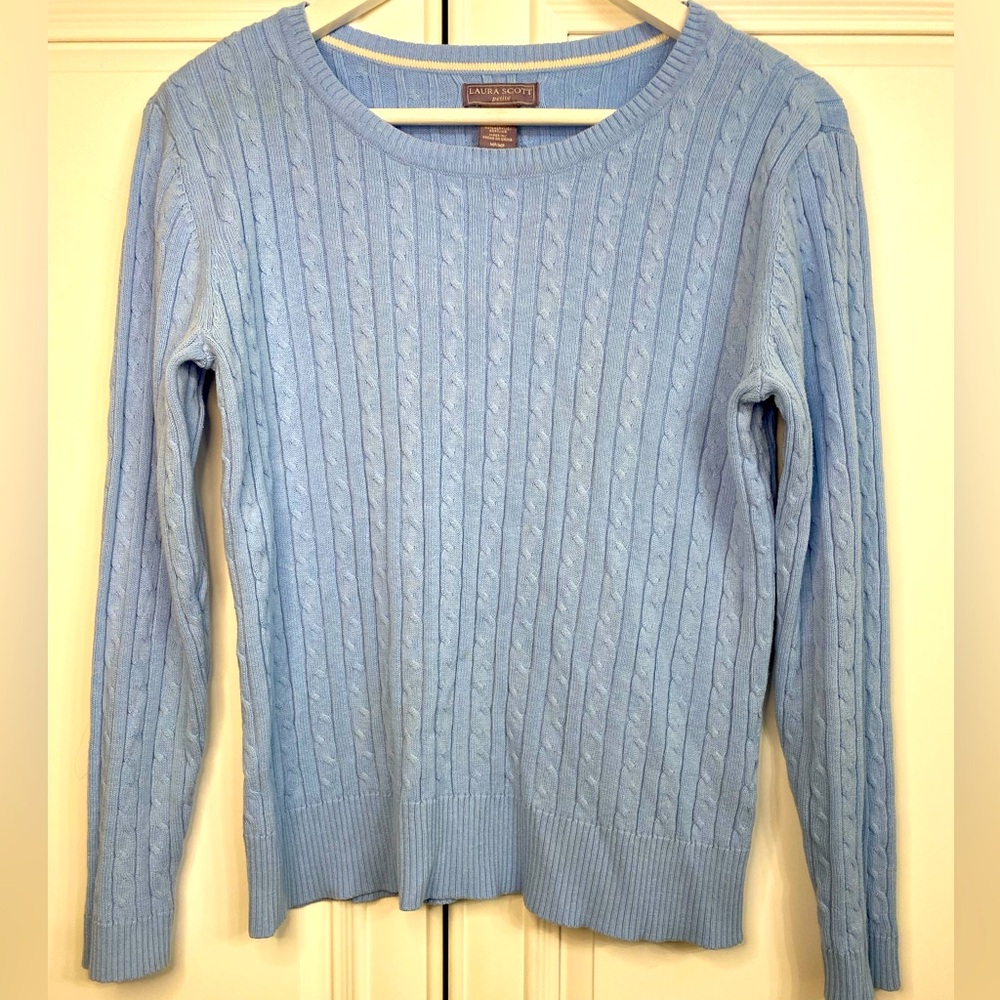 Laura Scott Petite Medium Soft Blue Slight Scoop Neck Cable Knit Sweater